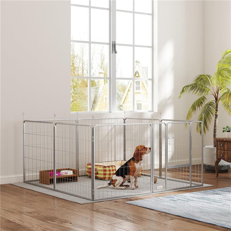 RECINTO PER CANI A 8 PANNELLI MODULABILI PIEGHEVOLE CON PORTA IN ACCIAIO, ALTEZZA 80 CM, ARGENTO
