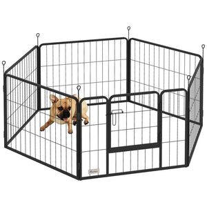 RECINTO PER CANI A 6 PANNELLI MODULABILI DA 80X1.5X60 CM IN ACCIAIO NERO CON PORTA DI INGRESSO