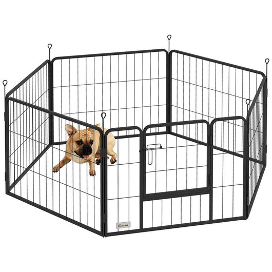 RECINTO PER CANI A 6 PANNELLI MODULABILI DA 80X1.5X60 CM IN ACCIAIO NERO CON PORTA DI INGRESSO