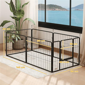 RECINTO PER CANI A 6 PANNELLI MODULABILI DA 80X1.5X60 CM IN ACCIAIO NERO CON PORTA DI INGRESSO