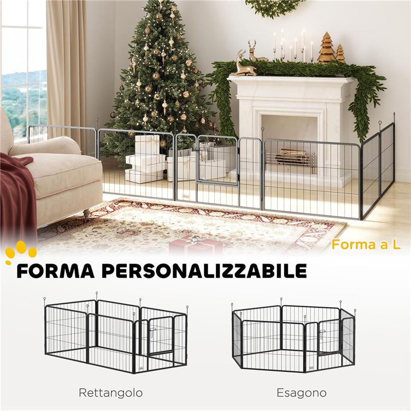 RECINTO PER CANI A 6 PANNELLI MODULABILI DA 80X1.5X60 CM IN ACCIAIO NERO CON PORTA DI INGRESSO