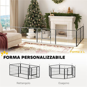 RECINTO PER CANI A 6 PANNELLI MODULABILI DA 80X1.5X60 CM IN ACCIAIO NERO CON PORTA DI INGRESSO