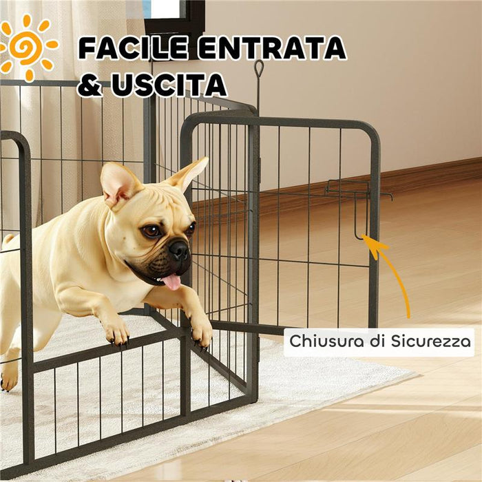 RECINTO PER CANI A 6 PANNELLI MODULABILI DA 80X1.5X60 CM IN ACCIAIO NERO CON PORTA DI INGRESSO