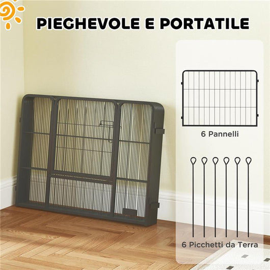 RECINTO PER CANI A 6 PANNELLI MODULABILI DA 80X1.5X60 CM IN ACCIAIO NERO CON PORTA DI INGRESSO