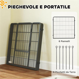 RECINTO PER CANI A 6 PANNELLI MODULABILI PIEGHEVOLE CON PORTA IN ACCIAIO, ALTEZZA 80 CM, NERO