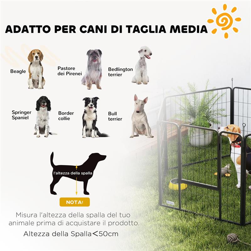 RECINTO PER CANI A 6 PANNELLI MODULABILI PIEGHEVOLE CON PORTA IN ACCIAIO, ALTEZZA 80 CM, NERO