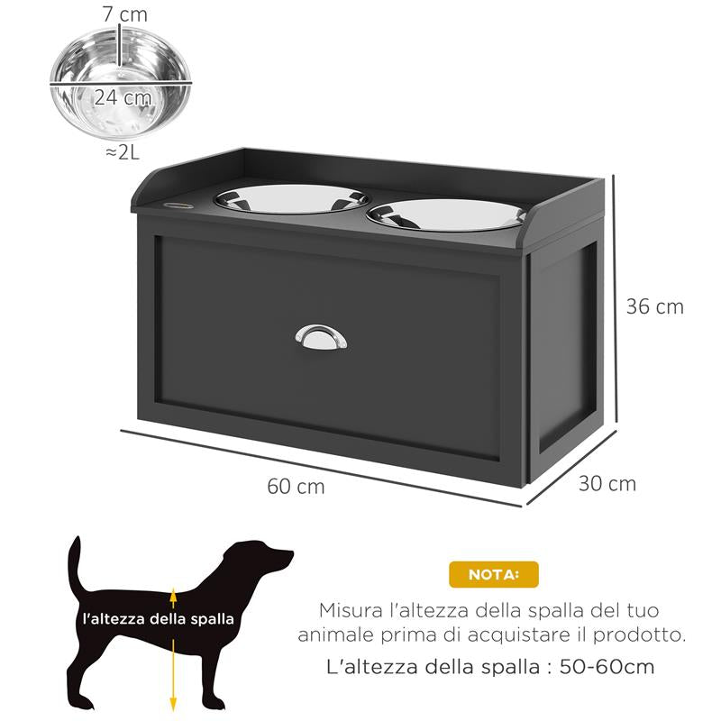 CIOTOLE PER CANI RIALZATE IN ACCIAIO INOX E LEGNO CON CASSETTO 60X30X36 CM NERO