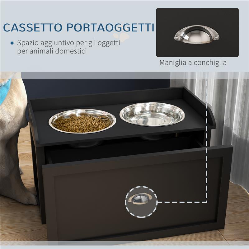 CIOTOLE PER CANI RIALZATE IN ACCIAIO INOX E LEGNO CON CASSETTO 60X30X36 CM NERO