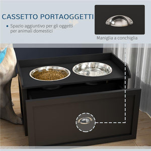 CIOTOLE PER CANI RIALZATE IN ACCIAIO INOX E LEGNO CON CASSETTO 60X30X36 CM NERO