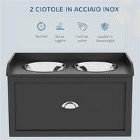 CIOTOLE PER CANI RIALZATE IN ACCIAIO INOX E LEGNO CON CASSETTO 60X30X36 CM NERO