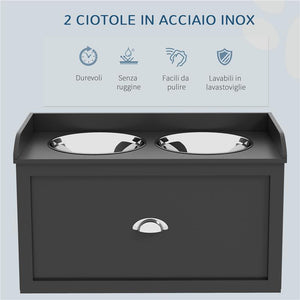CIOTOLE PER CANI RIALZATE IN ACCIAIO INOX E LEGNO CON CASSETTO 60X30X36 CM NERO