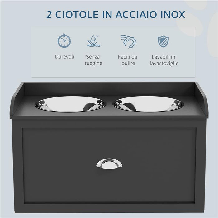 CIOTOLE PER CANI RIALZATE IN ACCIAIO INOX E LEGNO CON CASSETTO 60X30X36 CM NERO