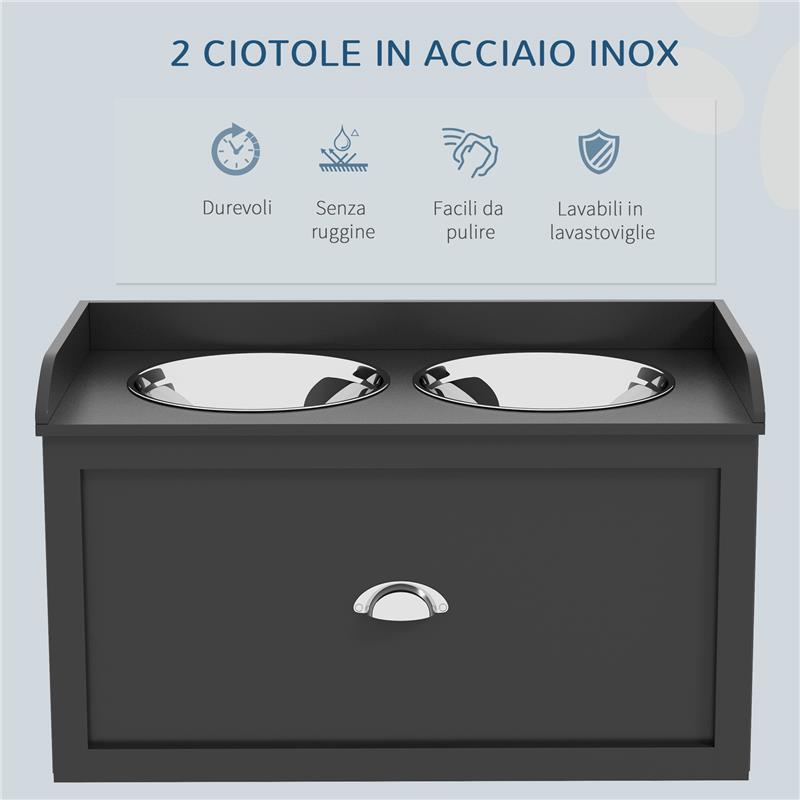 CIOTOLE PER CANI RIALZATE IN ACCIAIO INOX E LEGNO CON CASSETTO 60X30X36 CM NERO