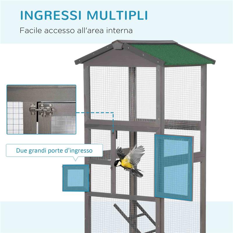 GABBIA PER UCCELLI ALTA 165CM IN LEGNO DA ESTERNO CON 2 PORTE E VASSOIO ESTRAIBILE 68X63X165 CM GRIGIO CHIARO
