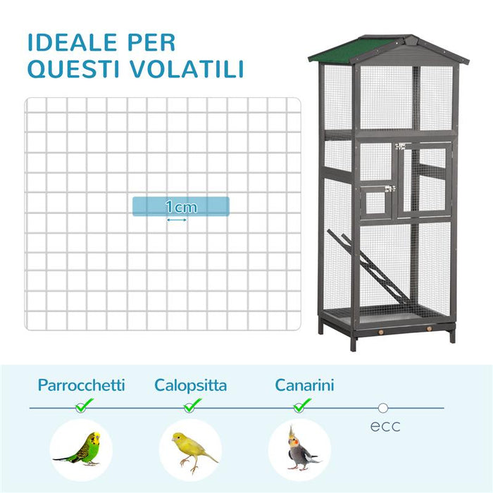 GABBIA PER UCCELLI ALTA 165CM IN LEGNO DA ESTERNO CON 2 PORTE E VASSOIO ESTRAIBILE 68X63X165 CM GRIGIO CHIARO