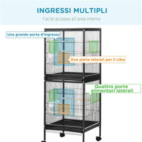 GABBIA VOLIERA PER UCCELLI PER INTERNI CON RUOTE E VASSOI ESTRAIBILI 51.5X50X140 CM NERO