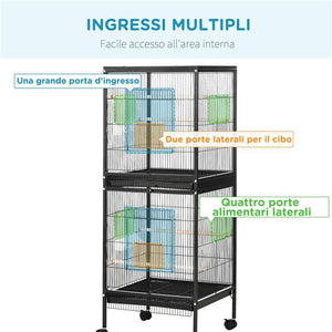 GABBIA VOLIERA PER UCCELLI PER INTERNI CON RUOTE E VASSOI ESTRAIBILI 51.5X50X140 CM NERO