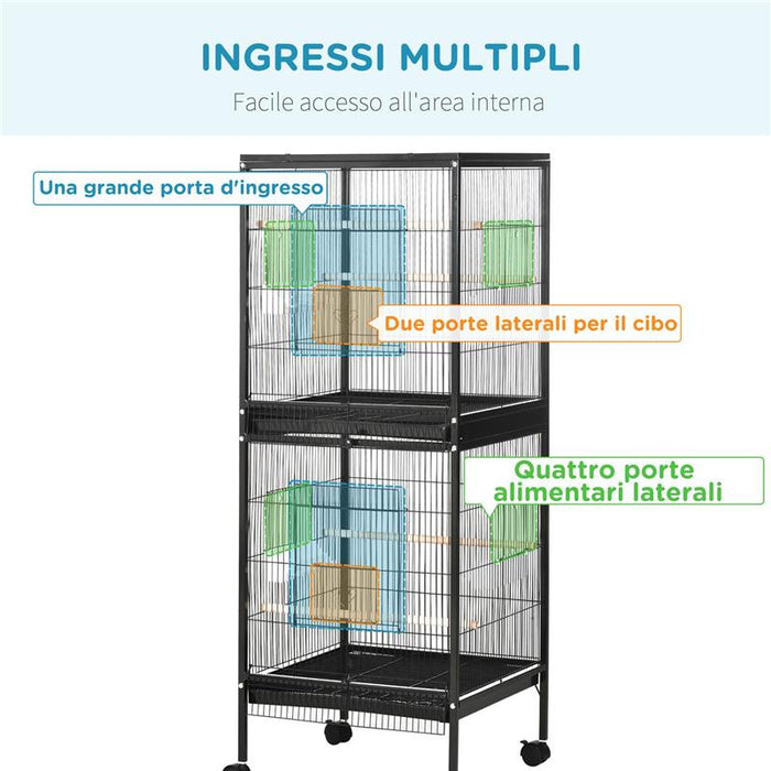 GABBIA VOLIERA PER UCCELLI PER INTERNI CON RUOTE E VASSOI ESTRAIBILI 51.5X50X140 CM NERO