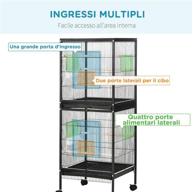 GABBIA VOLIERA PER UCCELLI PER INTERNI CON RUOTE E VASSOI ESTRAIBILI 51.5X50X140 CM NERO