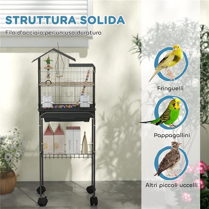 GABBIA PER UCCELLI CON PIEDISTALLO RUOTE GIREVOLI RIPIANO E ACCESSORI 46X36X120 CM NERO