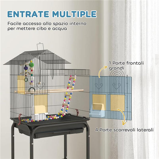 GABBIA PER UCCELLI CON PIEDISTALLO RUOTE GIREVOLI RIPIANO E ACCESSORI 46X36X120 CM NERO