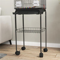 GABBIA PER UCCELLI CON PIEDISTALLO RUOTE GIREVOLI RIPIANO E ACCESSORI 46X36X120 CM NERO