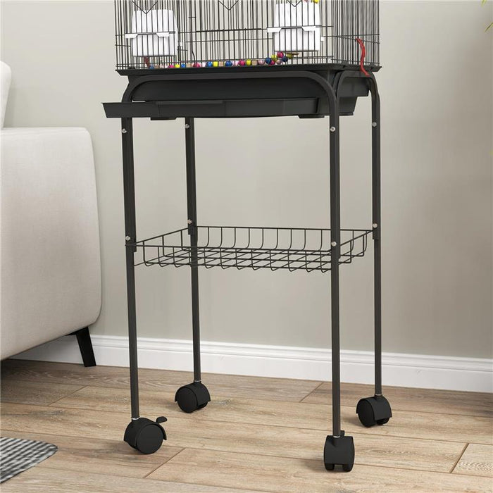 GABBIA PER UCCELLI CON PIEDISTALLO RUOTE GIREVOLI RIPIANO E ACCESSORI 46X36X120 CM NERO