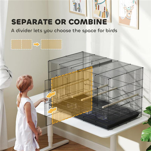 GABBIA PER UCCELLI CON DIVISORIO E RIPIANO INFERIORE PORTAOGGETTI IN ACCIAIO E PP 94X57X57 CM NERO