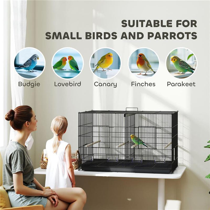 GABBIA PER UCCELLI CON DIVISORIO E RIPIANO INFERIORE PORTAOGGETTI IN ACCIAIO E PP 94X57X57 CM NERO
