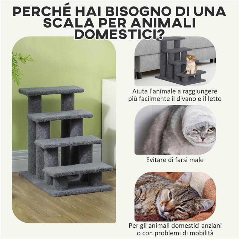 SCALETTA PER CANI E GATTI A 4 GRADINI CON RIVESTIMENTO IN PELUCHE, 61X41X60 CM, GRIGIO