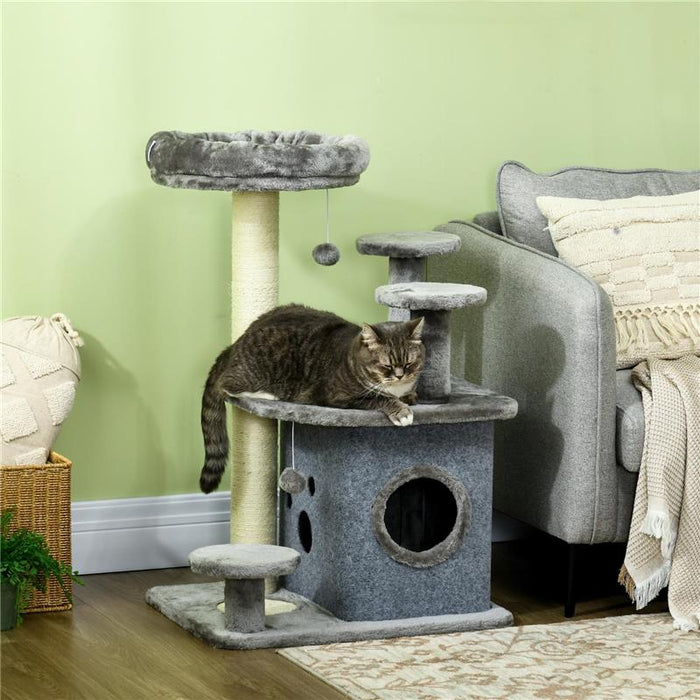 ALBERO TIRAGRAFFI PER GATTI CON LETTINO E CASETTA IN PELUCHE PALI IN SISAL 60X48X92 CM GRIGIO
