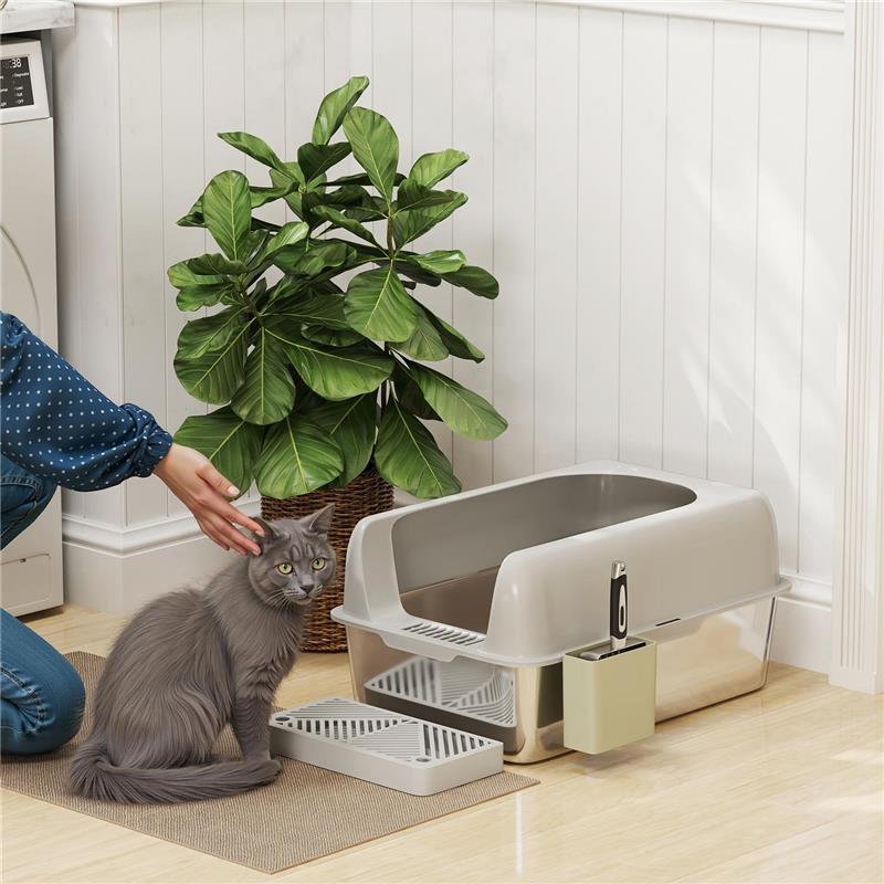 LETTIERA PER GATTI CON GRADINO PALETTA E BOX PORTAOGGETTI IN ACCIAIO INOX E ABS 60.2X40.6X29 CM GRIGIO CHIARO