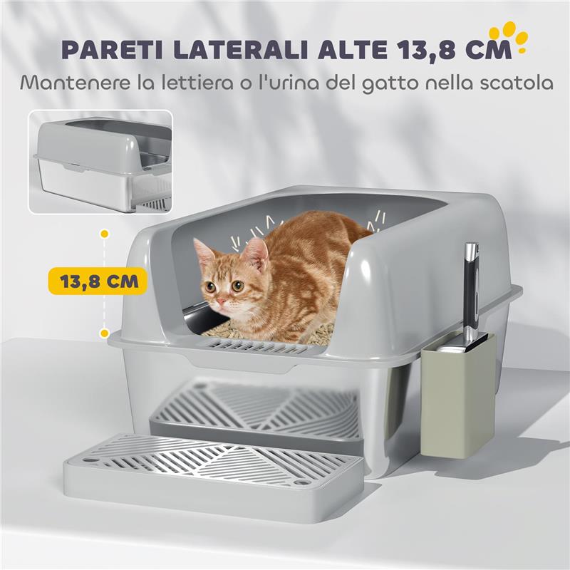 LETTIERA PER GATTI CON GRADINO PALETTA E BOX PORTAOGGETTI IN ACCIAIO INOX E ABS 60.2X40.6X29 CM GRIGIO CHIARO