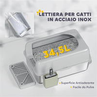 LETTIERA PER GATTI CON GRADINO PALETTA E BOX PORTAOGGETTI IN ACCIAIO INOX E ABS 60.2X40.6X29 CM GRIGIO CHIARO