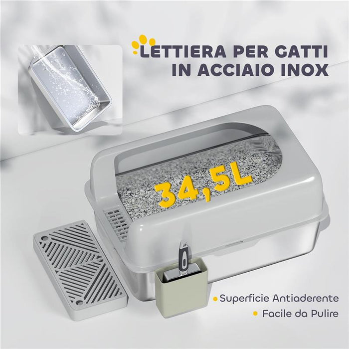 LETTIERA PER GATTI CON GRADINO PALETTA E BOX PORTAOGGETTI IN ACCIAIO INOX E ABS 60.2X40.6X29 CM GRIGIO CHIARO