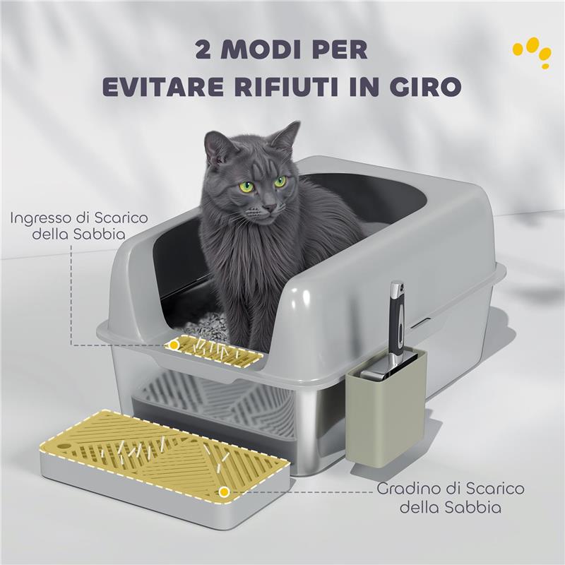 LETTIERA PER GATTI CON GRADINO PALETTA E BOX PORTAOGGETTI IN ACCIAIO INOX E ABS 60.2X40.6X29 CM GRIGIO CHIARO
