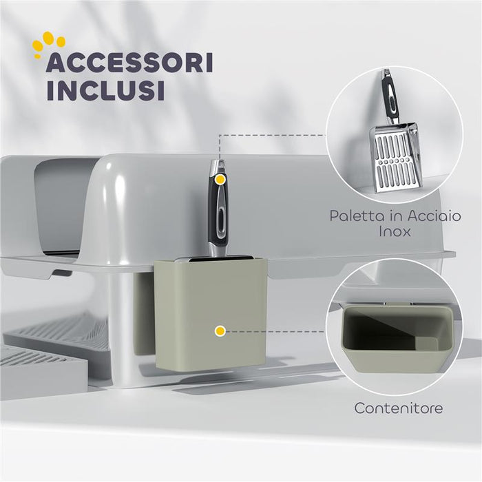 LETTIERA PER GATTI CON GRADINO PALETTA E BOX PORTAOGGETTI IN ACCIAIO INOX E ABS 60.2X40.6X29 CM GRIGIO CHIARO
