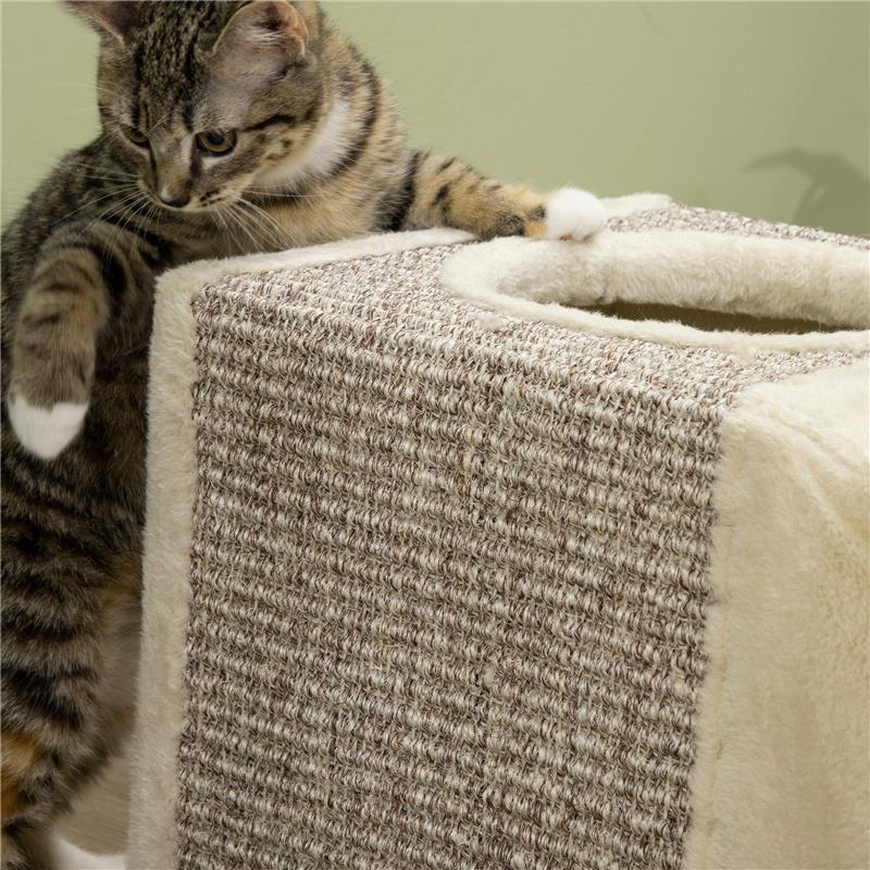 TUNNEL PER GATTI PIEGHEVOLE CON CASETTE, TIRAGRAFFI E PALLINA IN PELUCHE E SISAL, CREMA