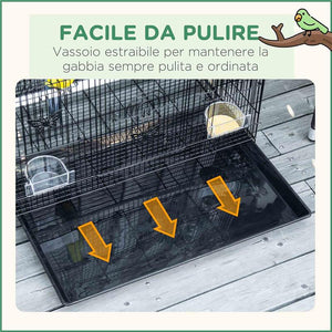 GABBIA PER UCCELLI CON 2 POSATOI E 3 INGRESSI IN FILO METALLICO E PLASTICA 60X41X41 CM NERO