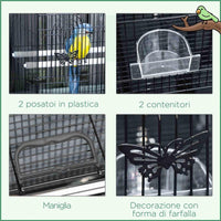 GABBIA PER UCCELLI CON 2 POSATOI E 3 INGRESSI IN FILO METALLICO E PLASTICA 60X41X41 CM NERO