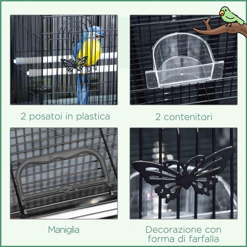 GABBIA PER UCCELLI CON 2 POSATOI E 3 INGRESSI IN FILO METALLICO E PLASTICA 60X41X41 CM NERO