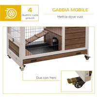 CONIGLIERA IN LEGNO CON 4 RUOTE CASETTA PER CONIGLI E RAMPA 90X53X59 CM MARRONE