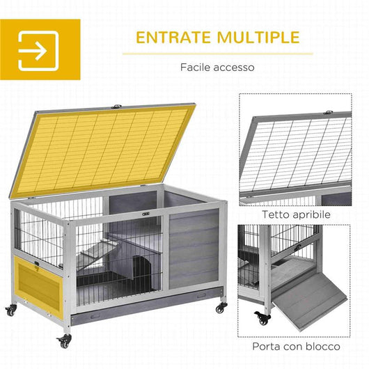 CONIGLIERA IN LEGNO CON 4 RUOTE CASETTA PER CONIGLI E RAMPA 90X53X59 MCM GRIGIO