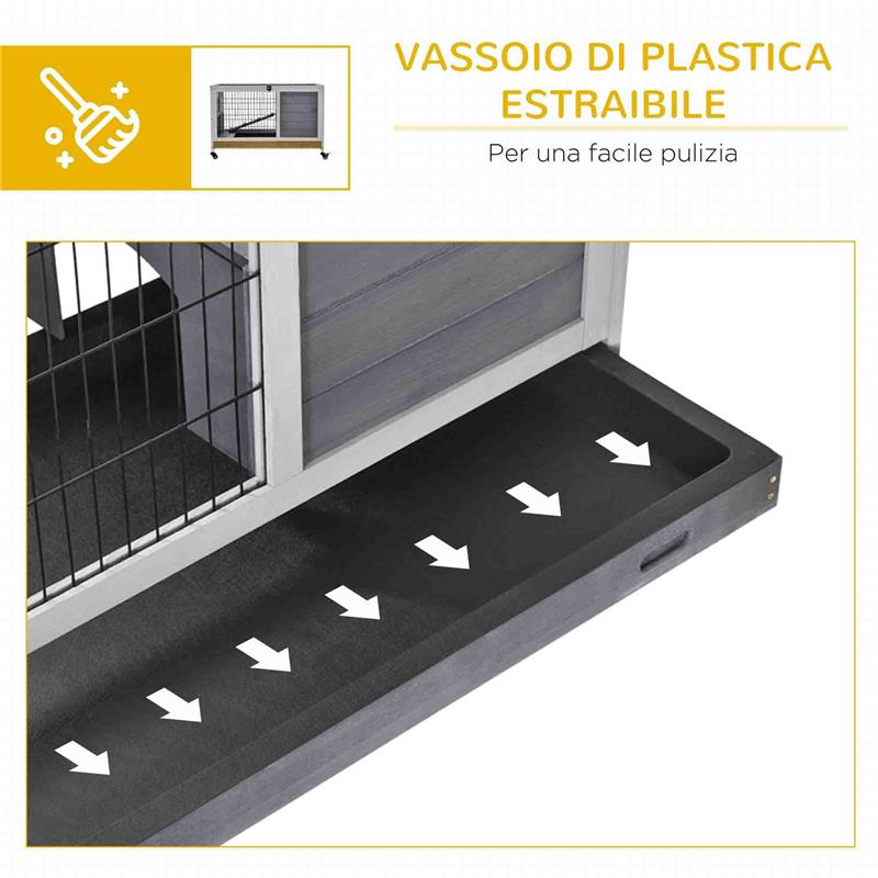 CONIGLIERA IN LEGNO CON 4 RUOTE CASETTA PER CONIGLI E RAMPA 90X53X59 MCM GRIGIO