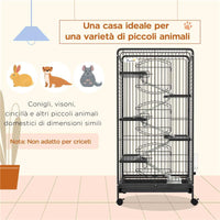 GABBIA PER PICCOLI ANIMALI CON RUOTE 5 RAMPE E 5 PIATTAFORME CIOTOLA E BOTTIGLIA 61.5X44X131 CM NERO