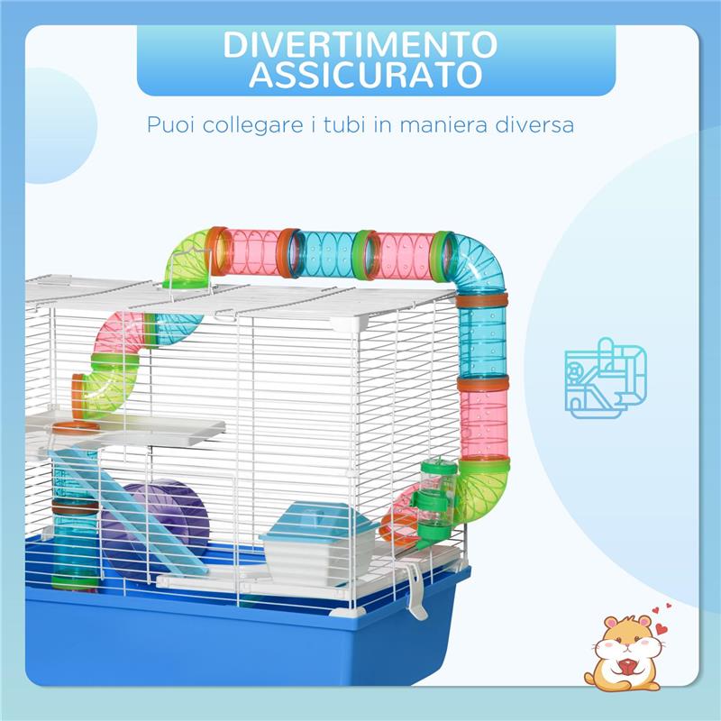 GABBIA PER CRICETI A 3 LIVELLI CON TUNNE CASETTA E RUOTA PER CRICETI 59X36X47CM BLU E BIANCO