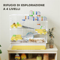 GABBIA PER CRICETI A 4 LIVELLI CON TUBI RUOTA 3 PORTE E VASSOIO IN METALLO PP E PS 78X45X73 CM BIANCO