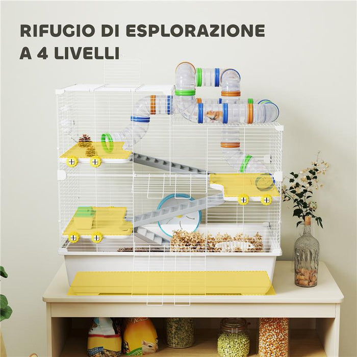 GABBIA PER CRICETI A 4 LIVELLI CON TUBI RUOTA 3 PORTE E VASSOIO IN METALLO PP E PS 78X45X73 CM BIANCO