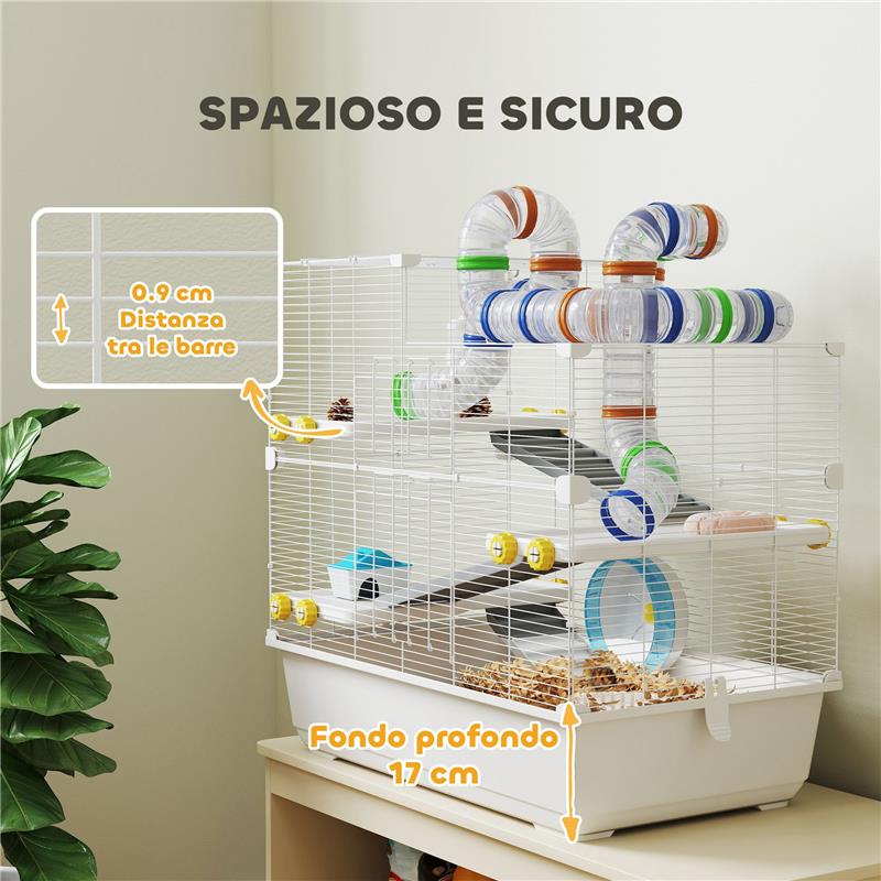 GABBIA PER CRICETI A 4 LIVELLI CON TUBI RUOTA 3 PORTE E VASSOIO IN METALLO PP E PS 78X45X73 CM BIANCO