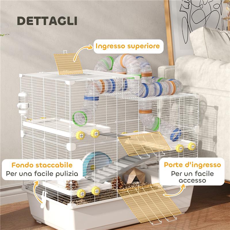 GABBIA PER CRICETI A 4 LIVELLI CON TUBI RUOTA 3 PORTE E VASSOIO IN METALLO PP E PS 78X45X73 CM BIANCO